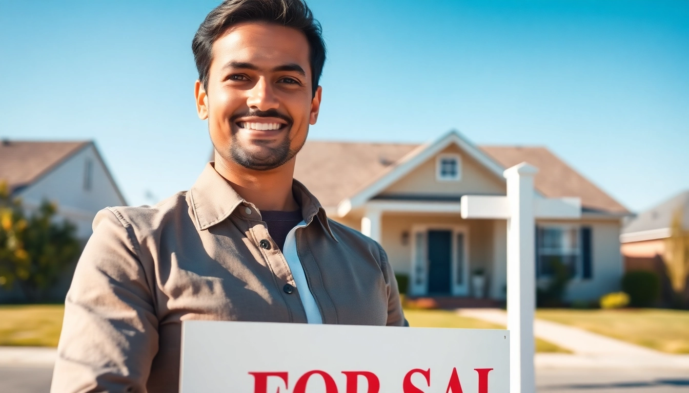 If you want to sell your house urgently, a person confidently holds a For Sale sign in front of their home.