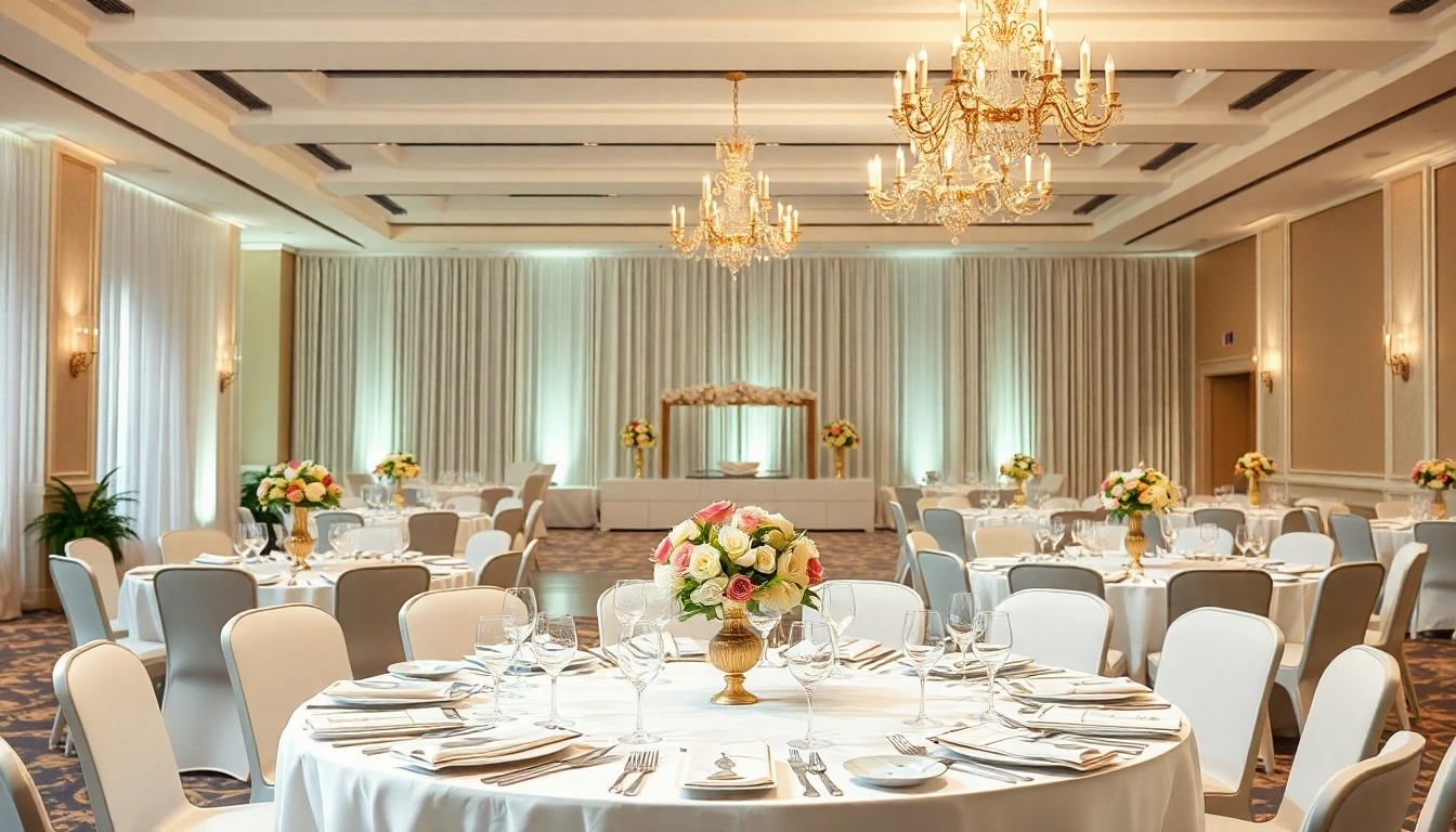 Set a stunning banquet scene at le prestige hall with elegant decorations and inviting atmosphere.
