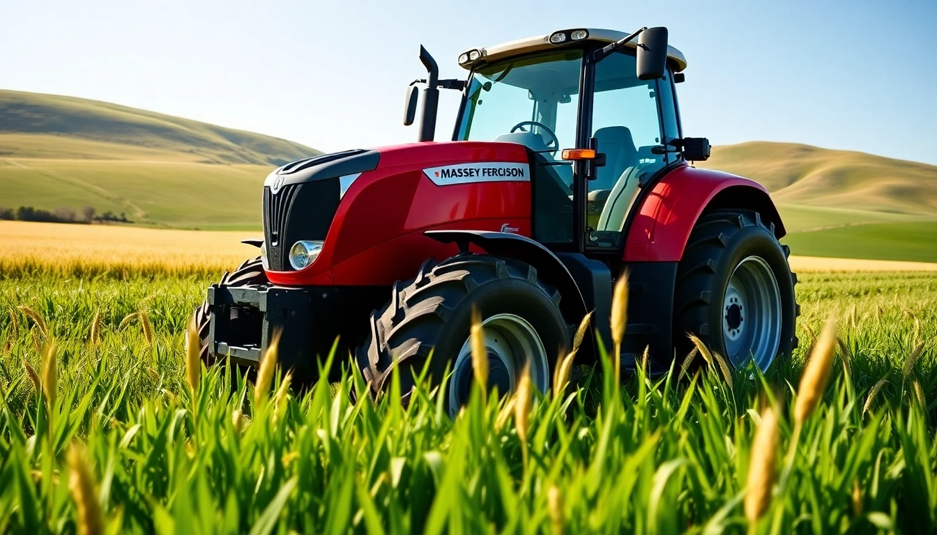 Massey Ferguson Traktor auf einem grünen Feld mit goldenen Weizenähren im Hintergrund