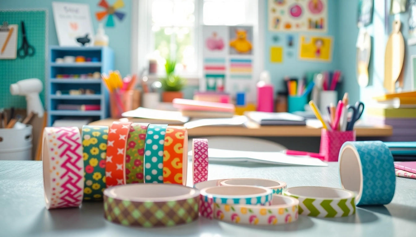 Vibrant washi tape rolls on a colorful workspace, inspiring creativity in crafts.