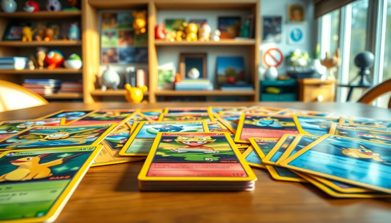 A collection of real Pokémon cards displayed vibrantly on a table, highlighting authenticity and rarity.