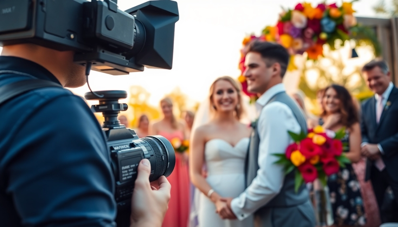 Edmonton videographer skillfully filming a wedding amid a vibrant outdoor setting.