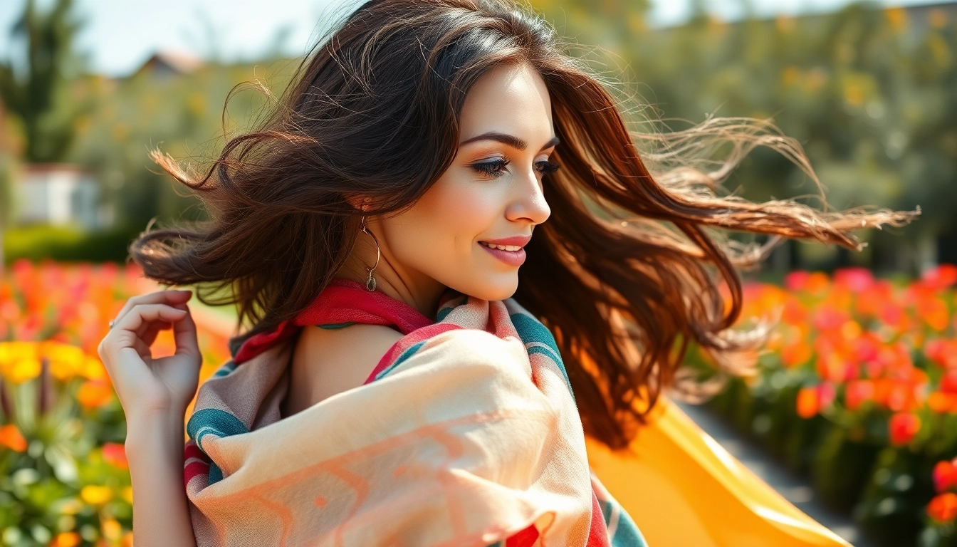 Model demonstrating stylish vela scarves in a colorful garden, showcasing vibrant patterns and textures.
