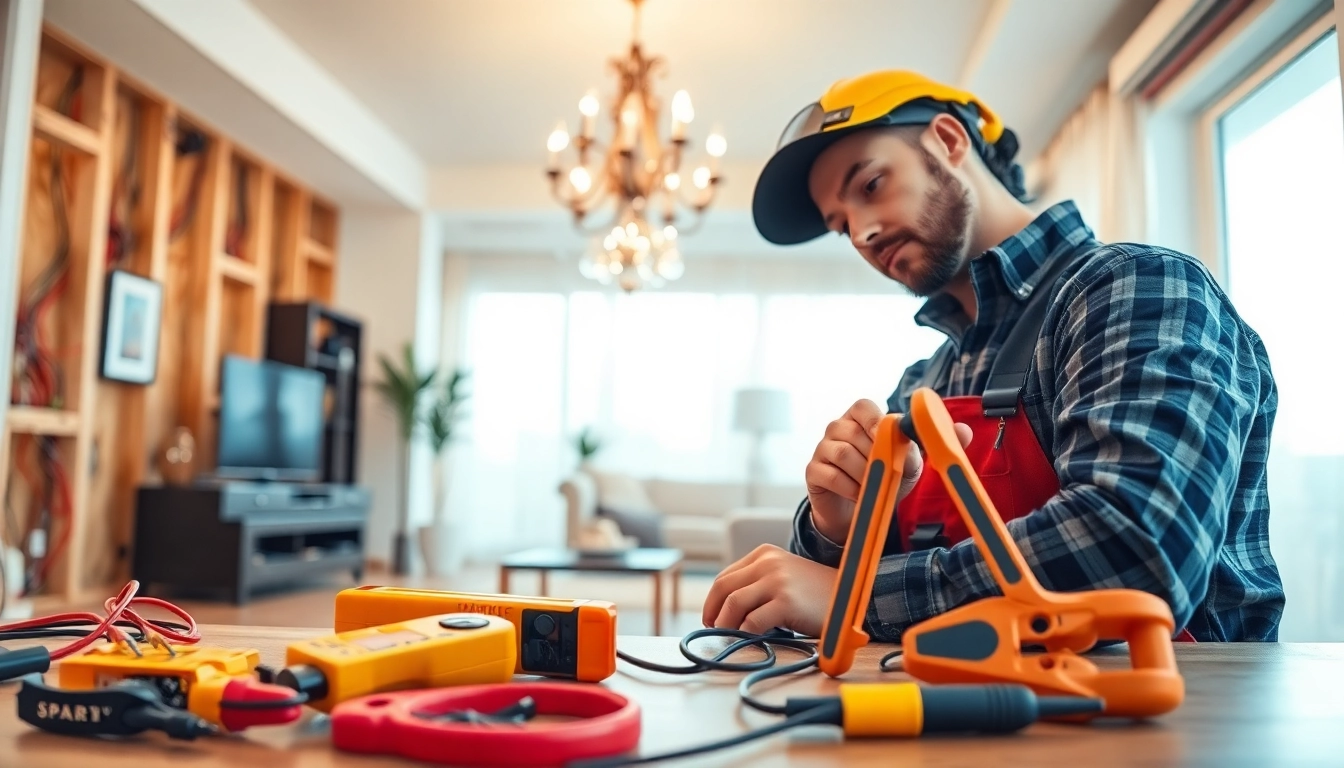 Whole house rewiring in progress as an electrician works on electrical systems.