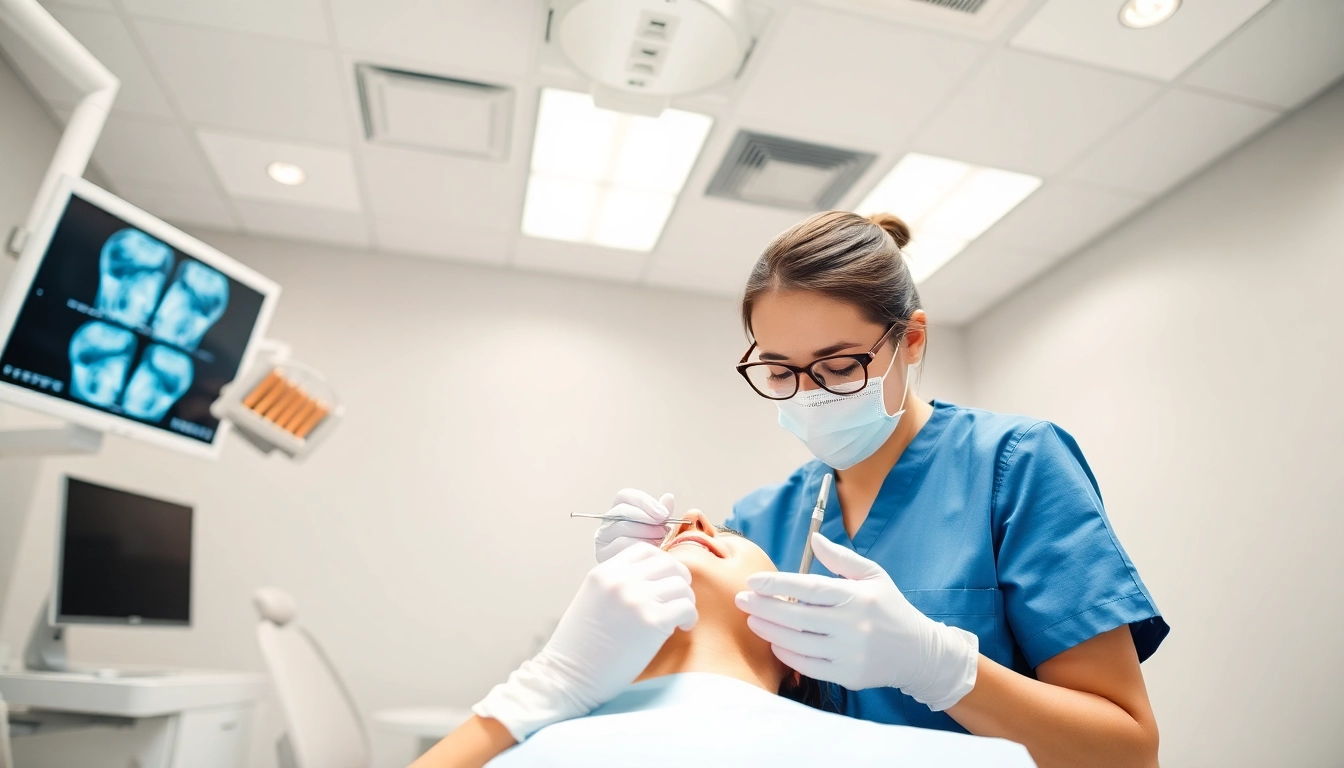 Highlighting proper hygiene practices during a dental check-up in a modern clinic.