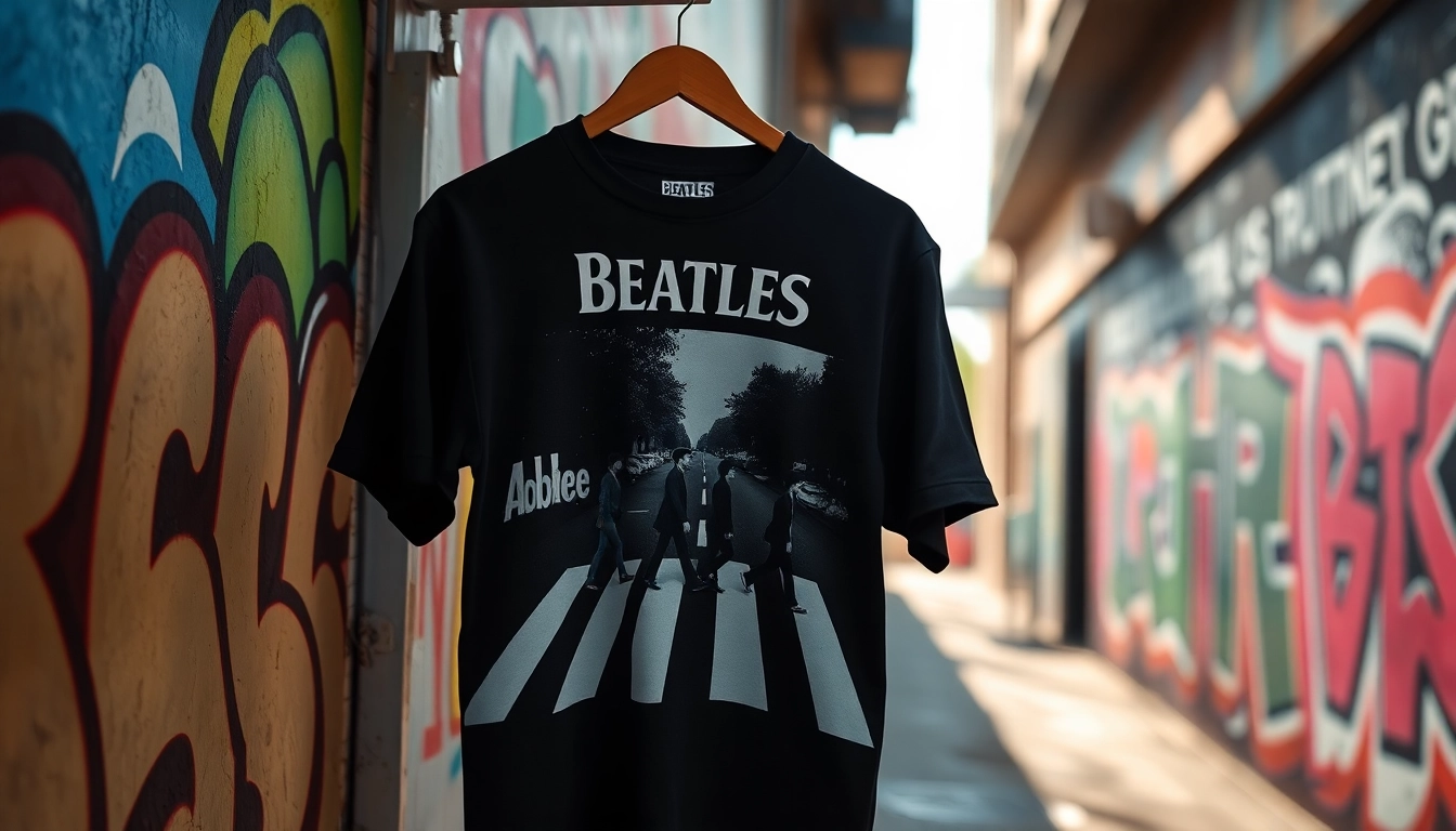 Showcase the unique Beatles Abbey Road shirt against a colorful graffiti wall, adding a modern twist.