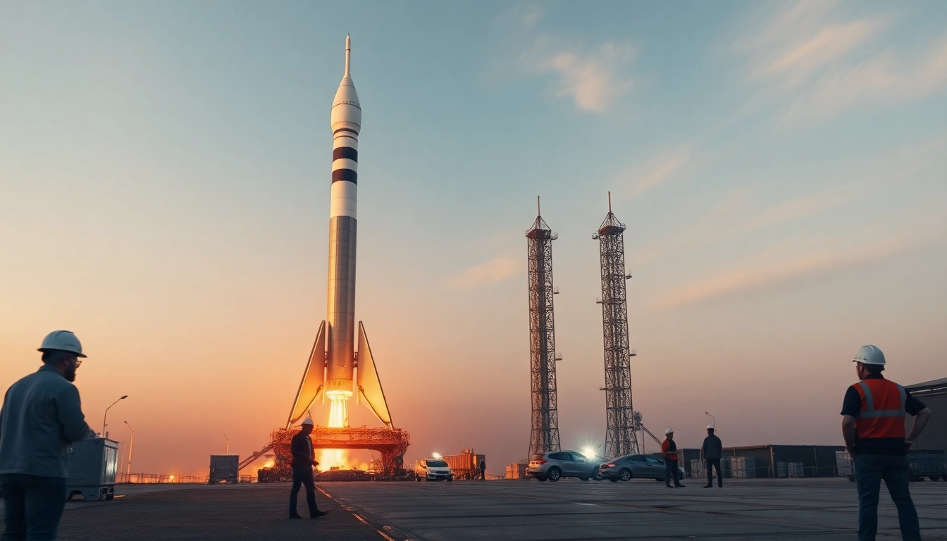 Engineers preparing a rocket for launch at Revenue Rocket Lab, highlighting innovation and excitement.