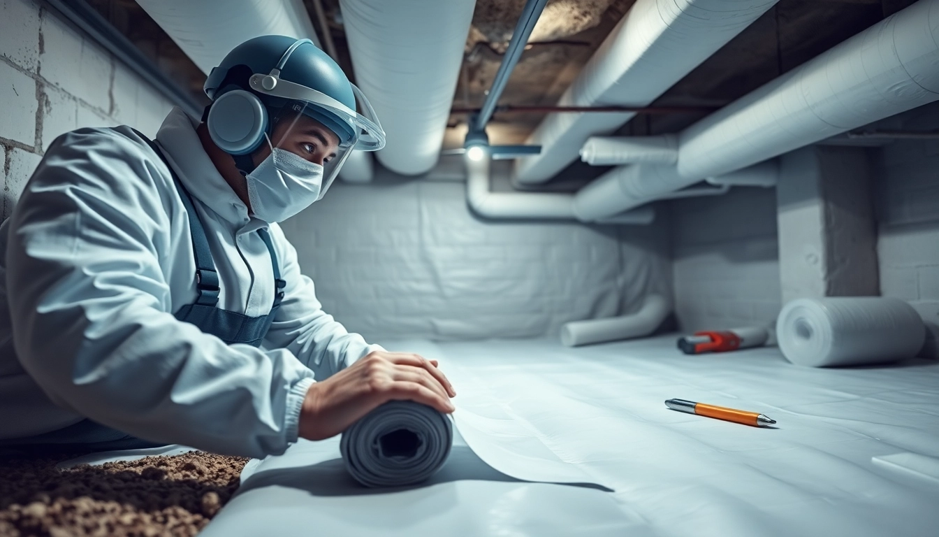 Crawl space encapsulation installation with a technician sealing moisture barriers.