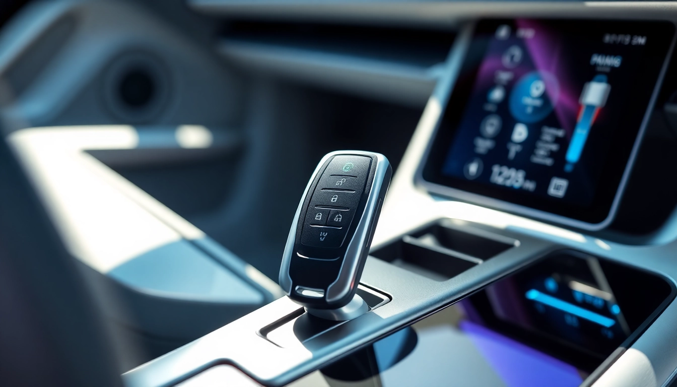 Showcase of keys for electric cars highlighting a sleek key fob design in a modern vehicle.