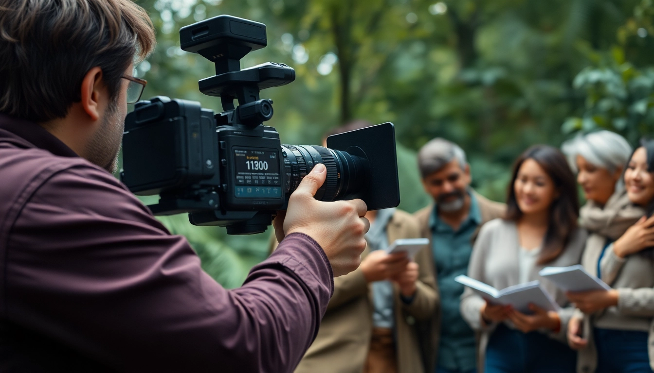 A dynamic scene of storytelling & documentary with a filmmaker capturing passionate discussions outdoors.