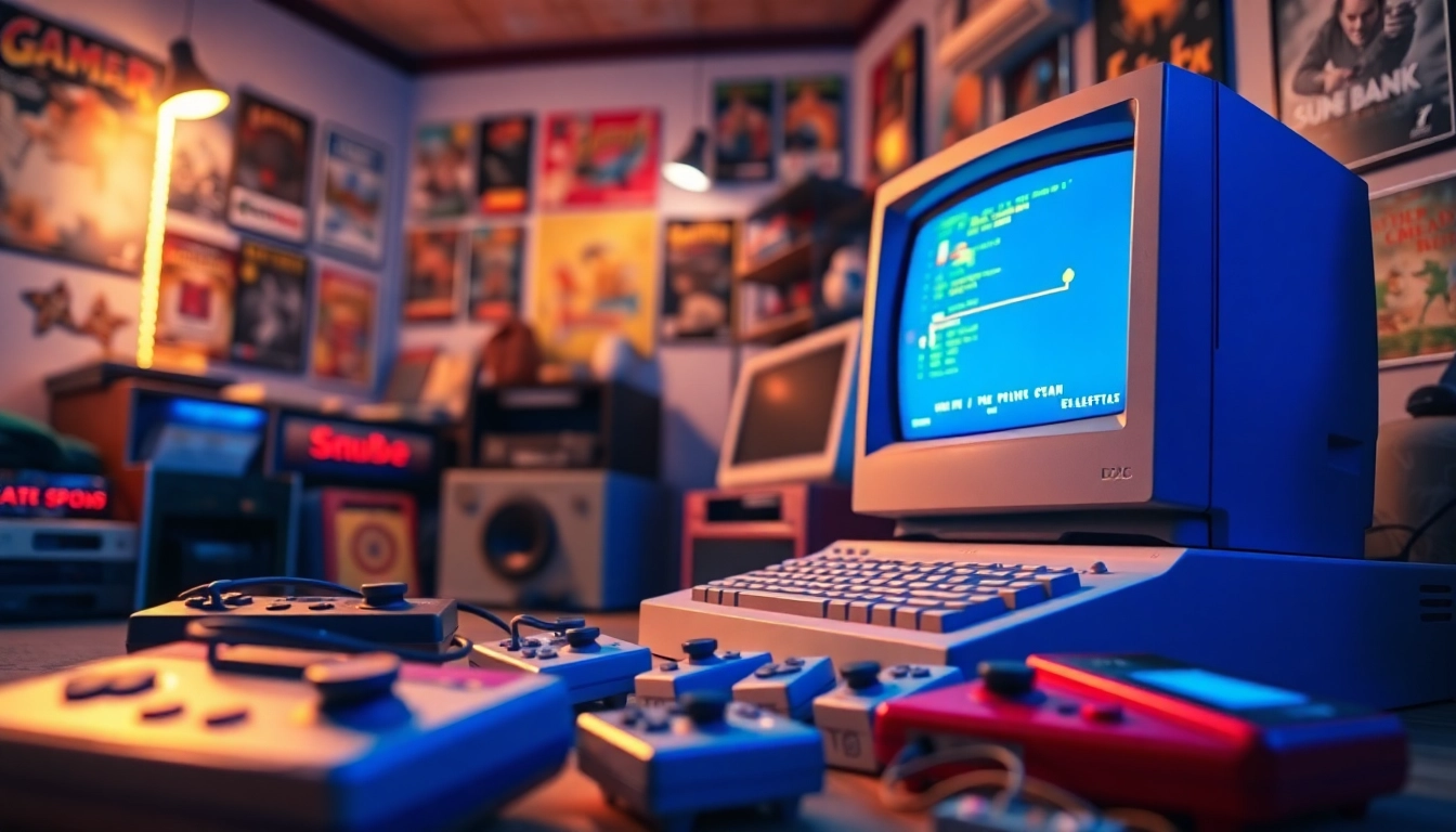 Play DOS games with a retro computer setup featuring colorful vintage elements.