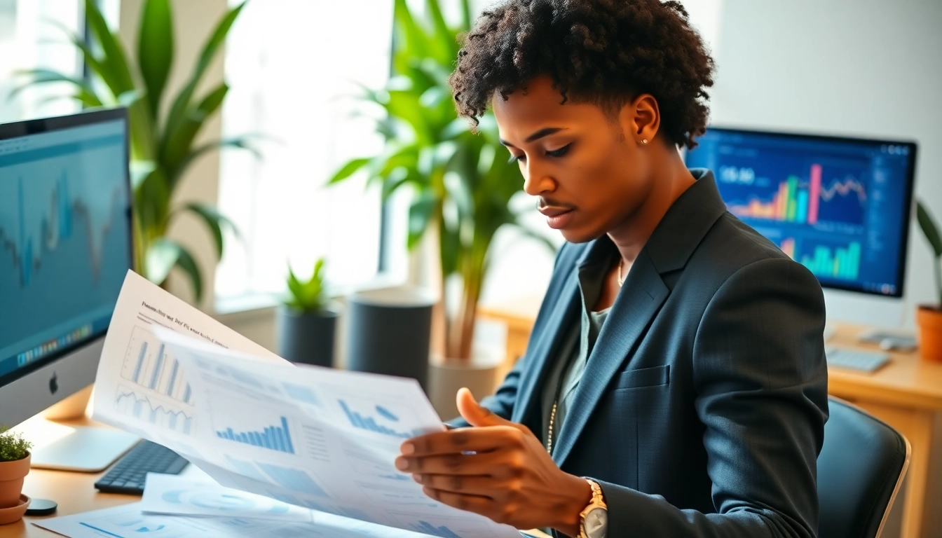 Engaged professional analyzing bookkeeping for small businesses documents in a modern office.