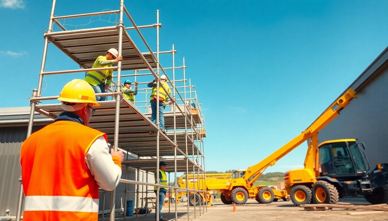 Workers assembling Whangarei scaffolding on a busy construction site highlighting safety and teamwork.