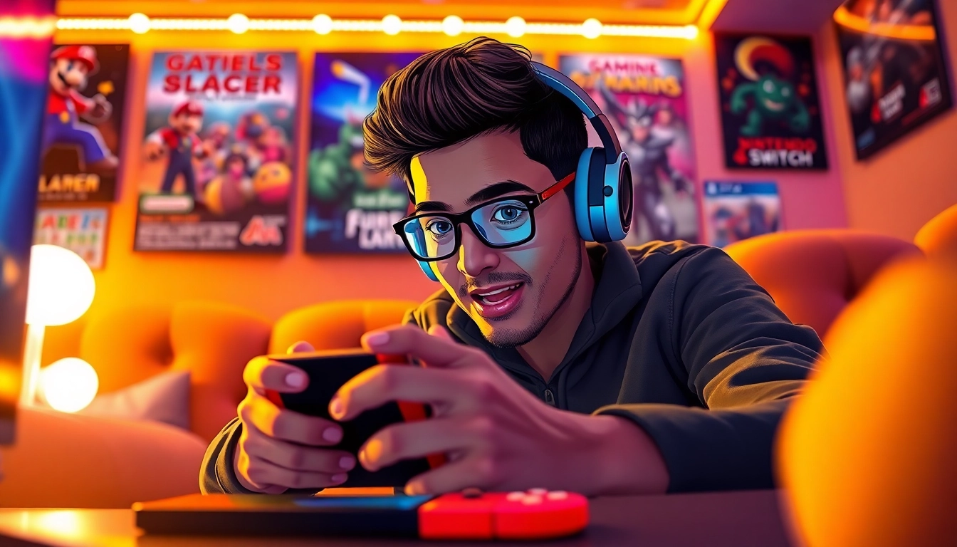 Player enjoying nintendo switch games in a vibrant gaming room with colorful setup.
