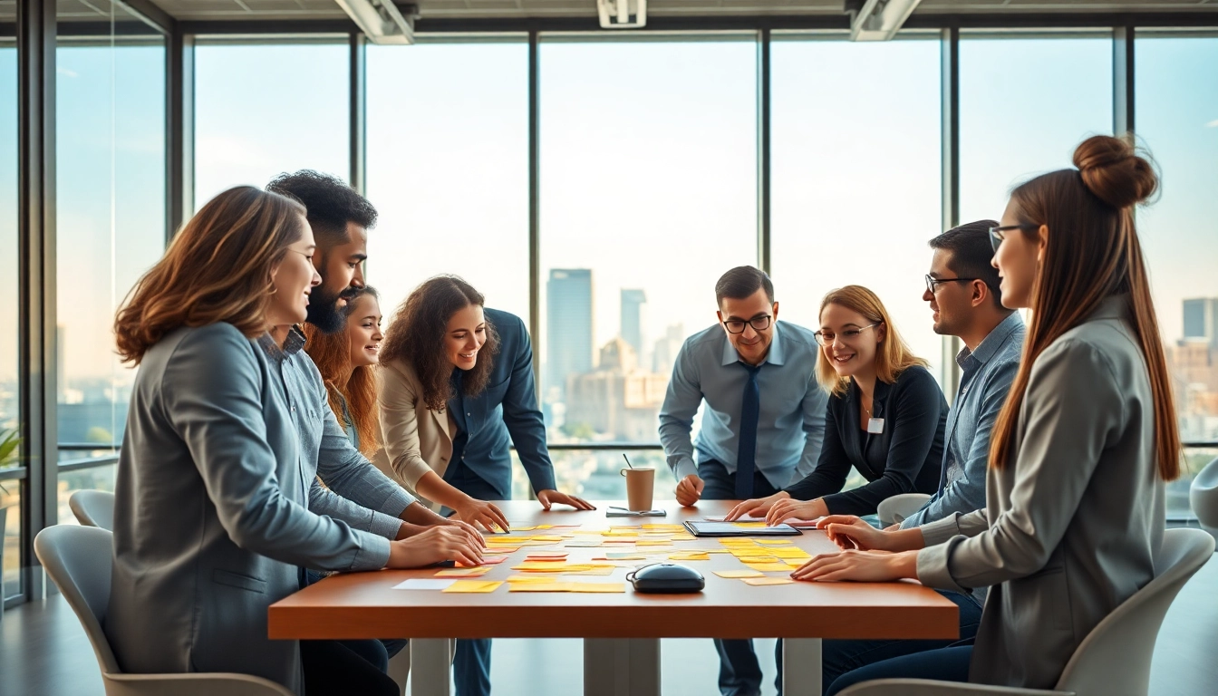 Showcasing the collaborative essence of Callzent Culture with a team brainstorming in a vibrant office.