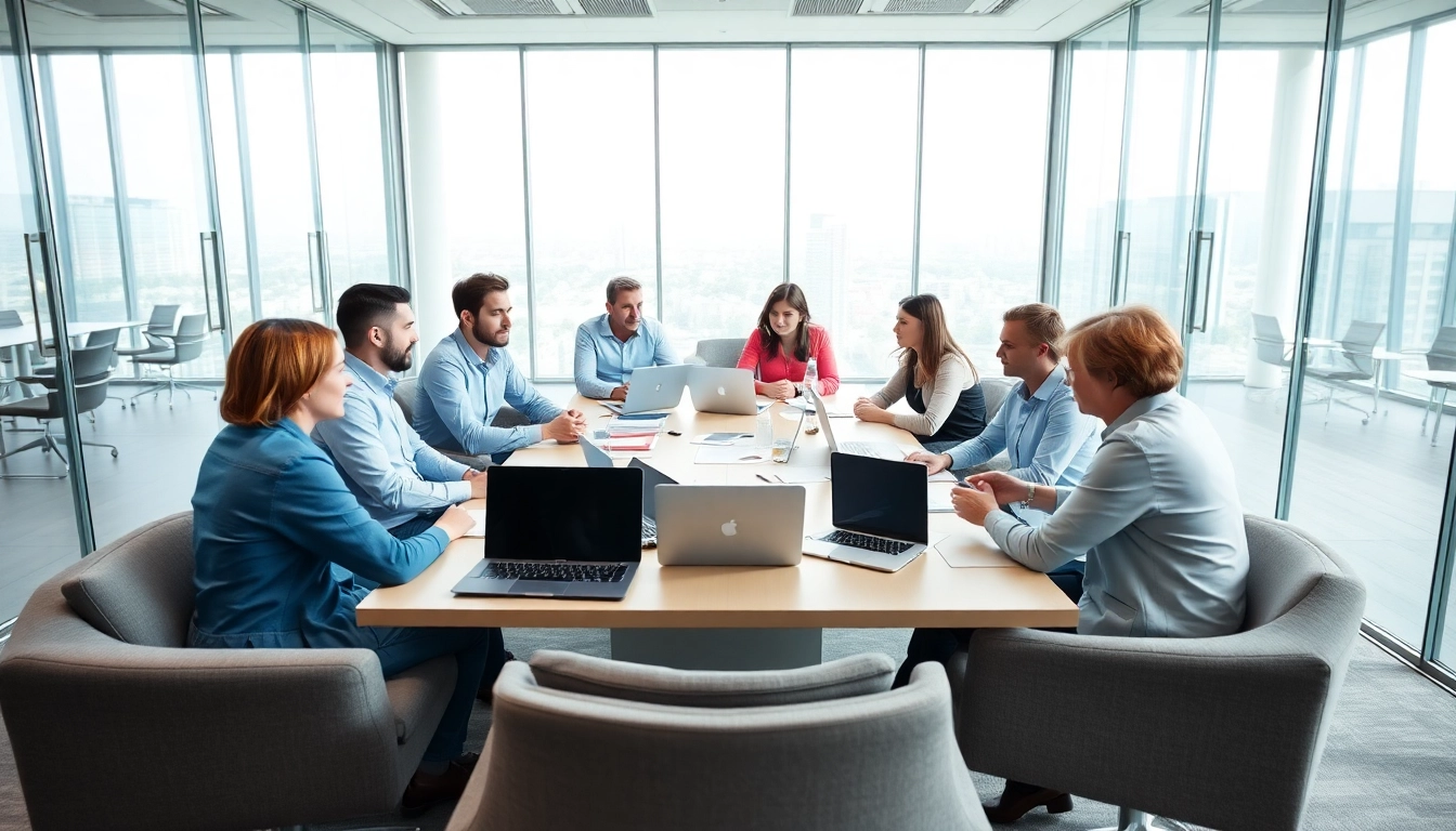 Dynamic meeting among diverse participants discussing ideas in a modern conference room.