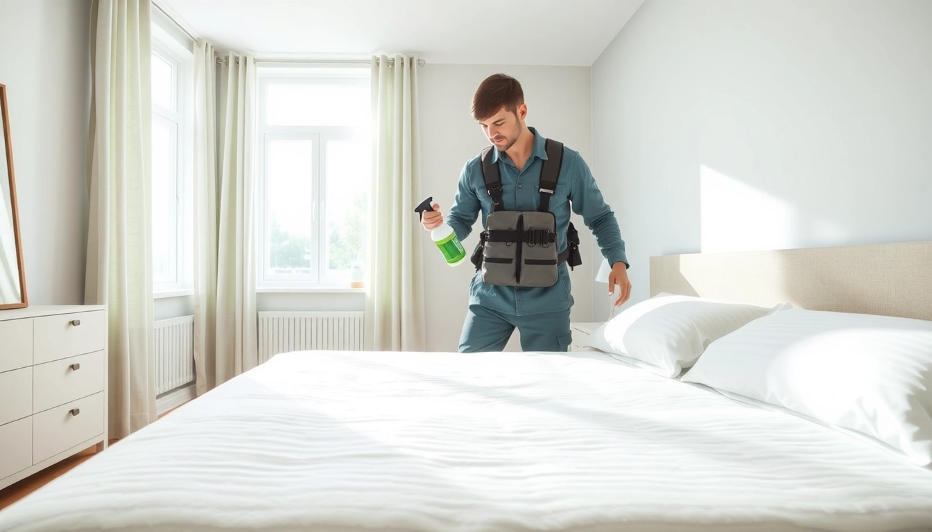 Professional bed bug removal process in a modern bedroom, showcasing safe extermination methods.