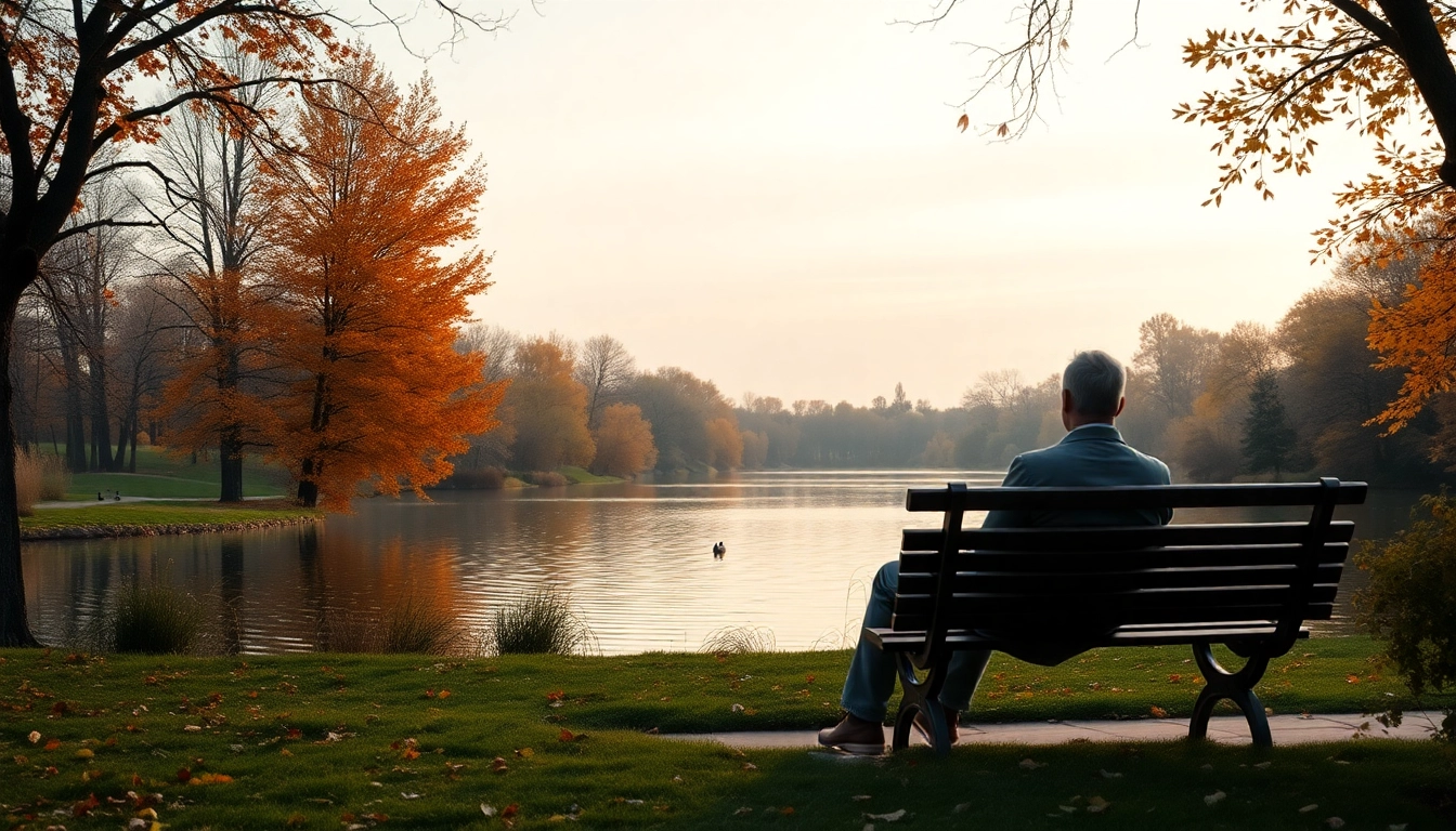 Individual dealing with grief in a serene park, reflecting on loss by a tranquil lake.