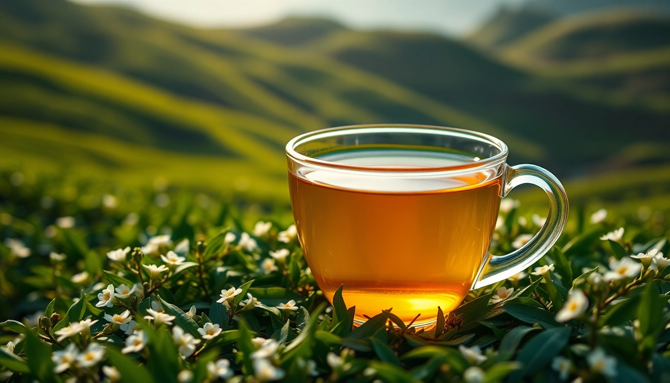 Savoring Nepali tea in an elegant setting with vibrant green tea leaves and flowers.