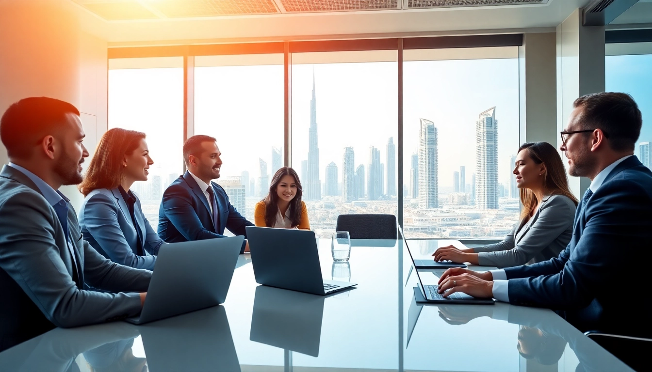 Collaborative meeting at Quickplus Business Consultants showcasing Dubai’s skyline.
