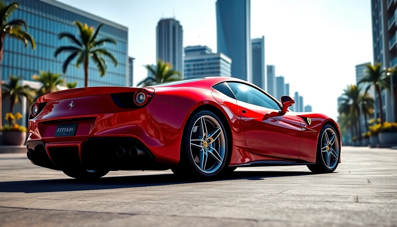 Buy Ferrari second-hand Durban with striking red sports car against a luxurious city backdrop.