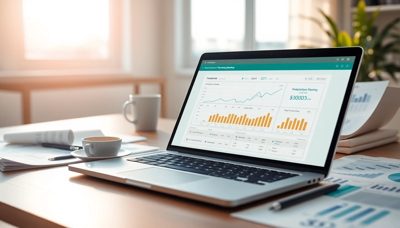 Visualize a financial planning tool displayed on a modern desk alongside financial documents.
