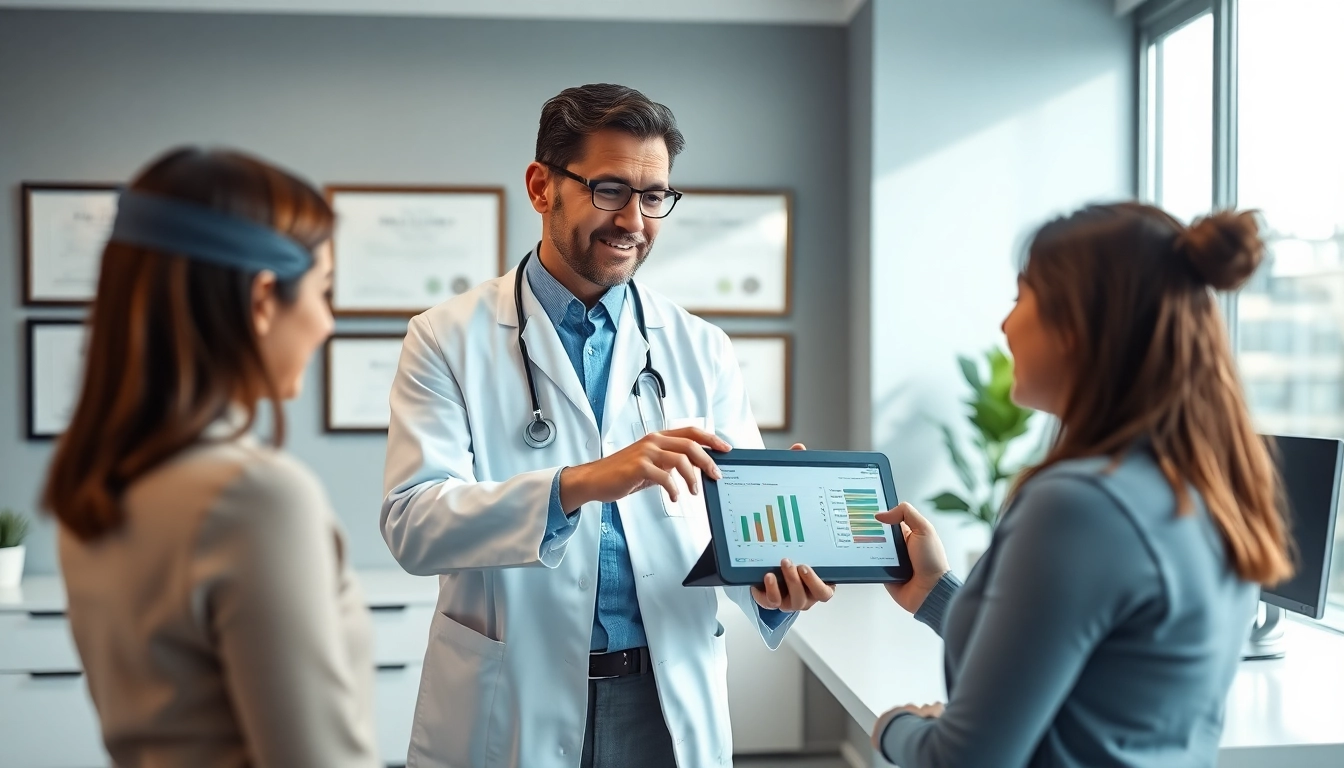 Weight loss dr advising a patient in an inviting medical office.