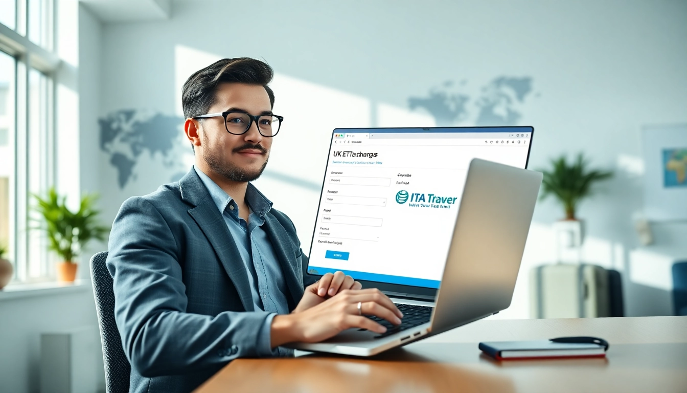 Complete the uk eta online application smoothly while using a laptop in a bright office.