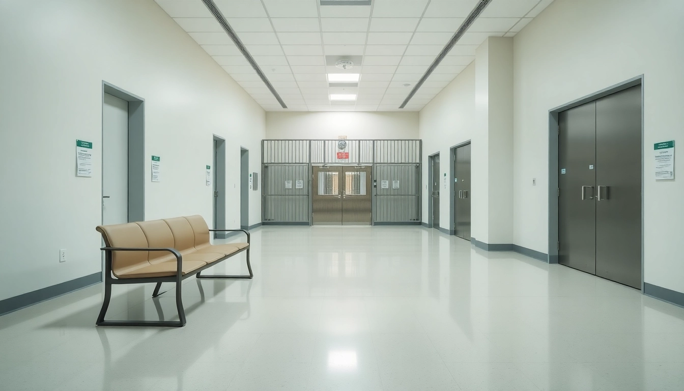 View inside the orange county jail featuring secure cell doors and a clean visitor area.