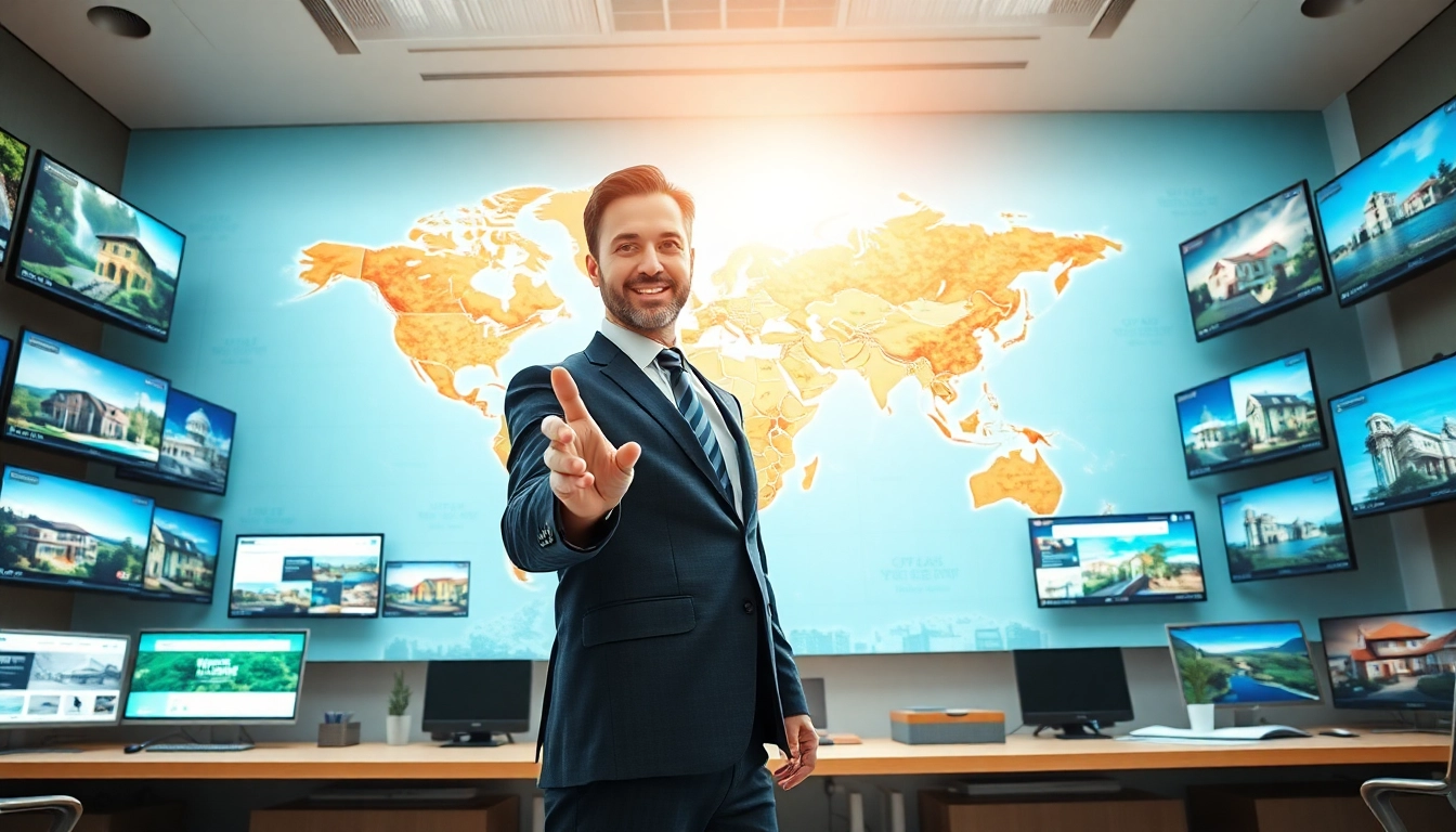 Agents showcasing international real estate websites in an engaging office environment.