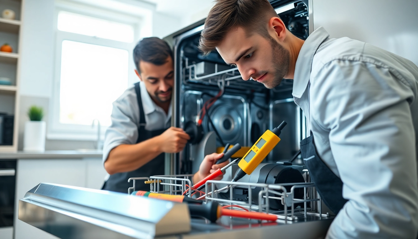 Technician conducting dishwasher repair, showcasing expertise and efficiency in a modern kitchen.