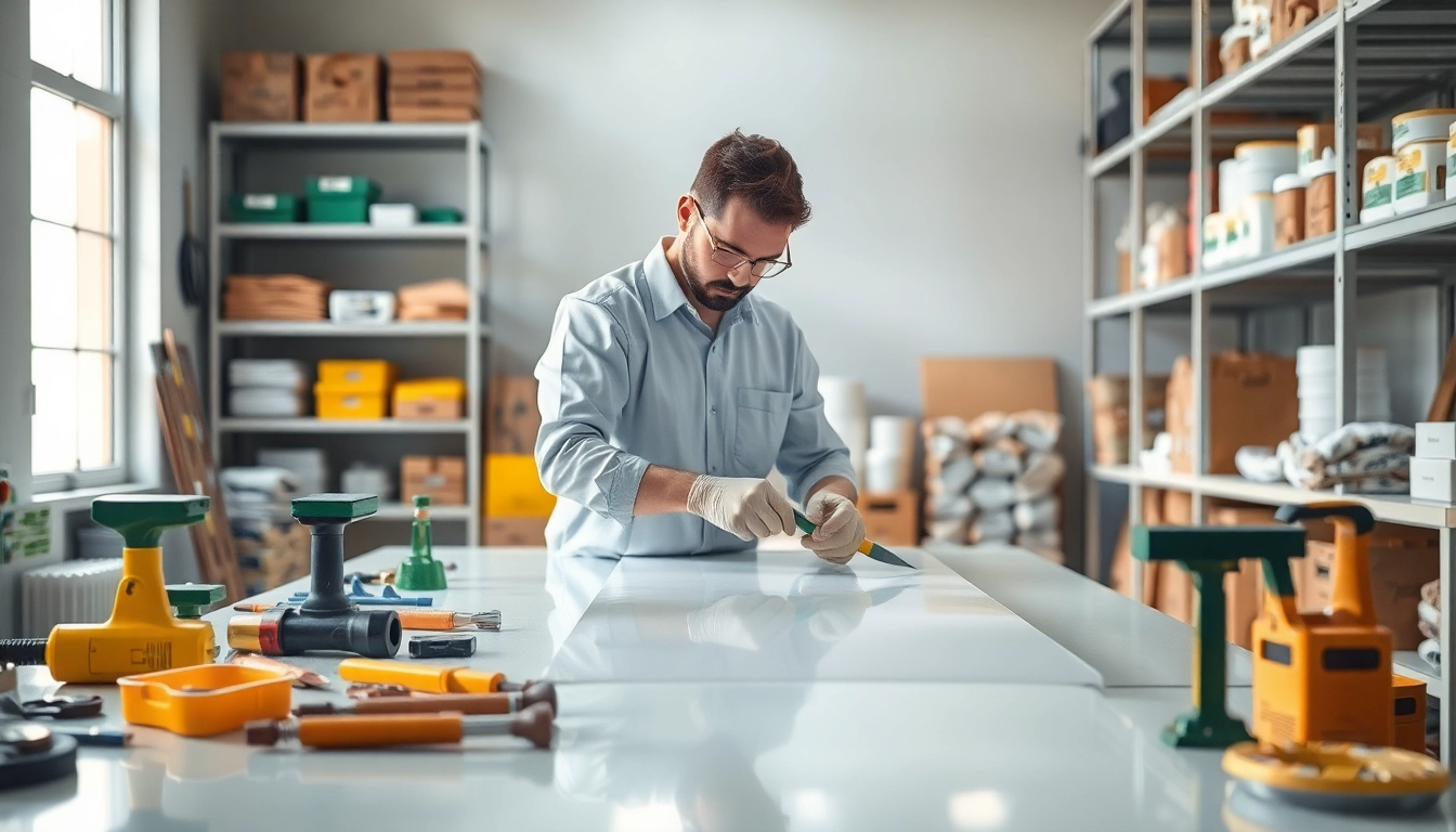 Technician applying laminating resin in a clean, professional workshop environment.