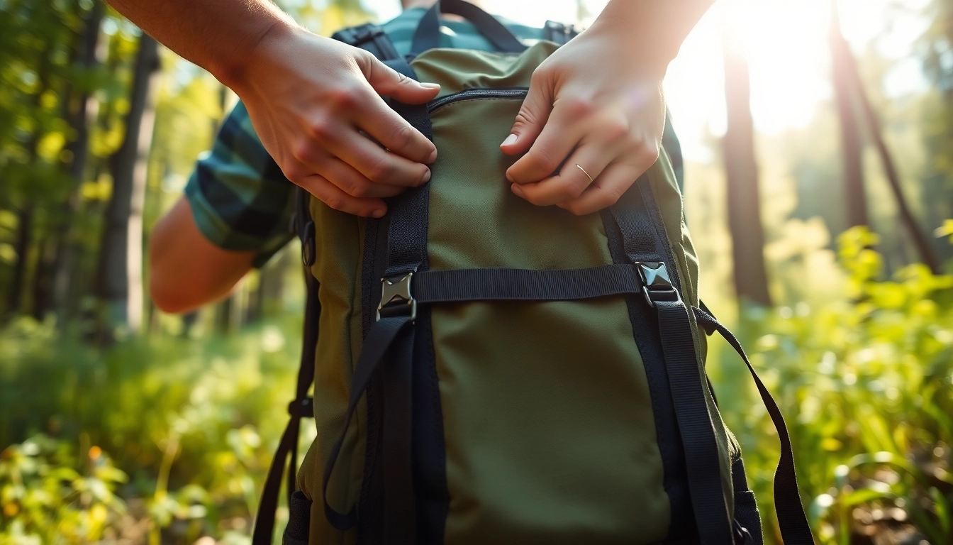 Fasten von Riemen an einem Wanderrucksack in der Natur.