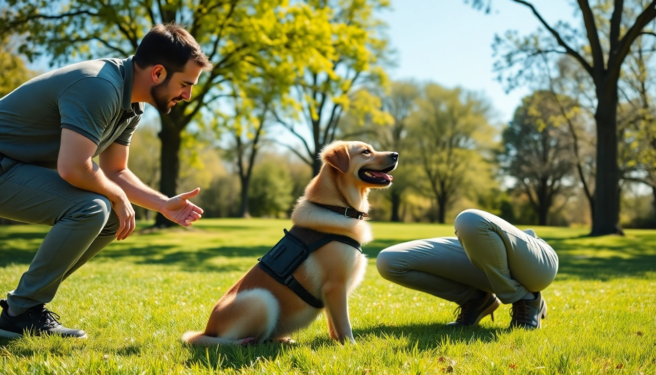 Service dog trainer instructing a service dog in a lush outdoor setting.