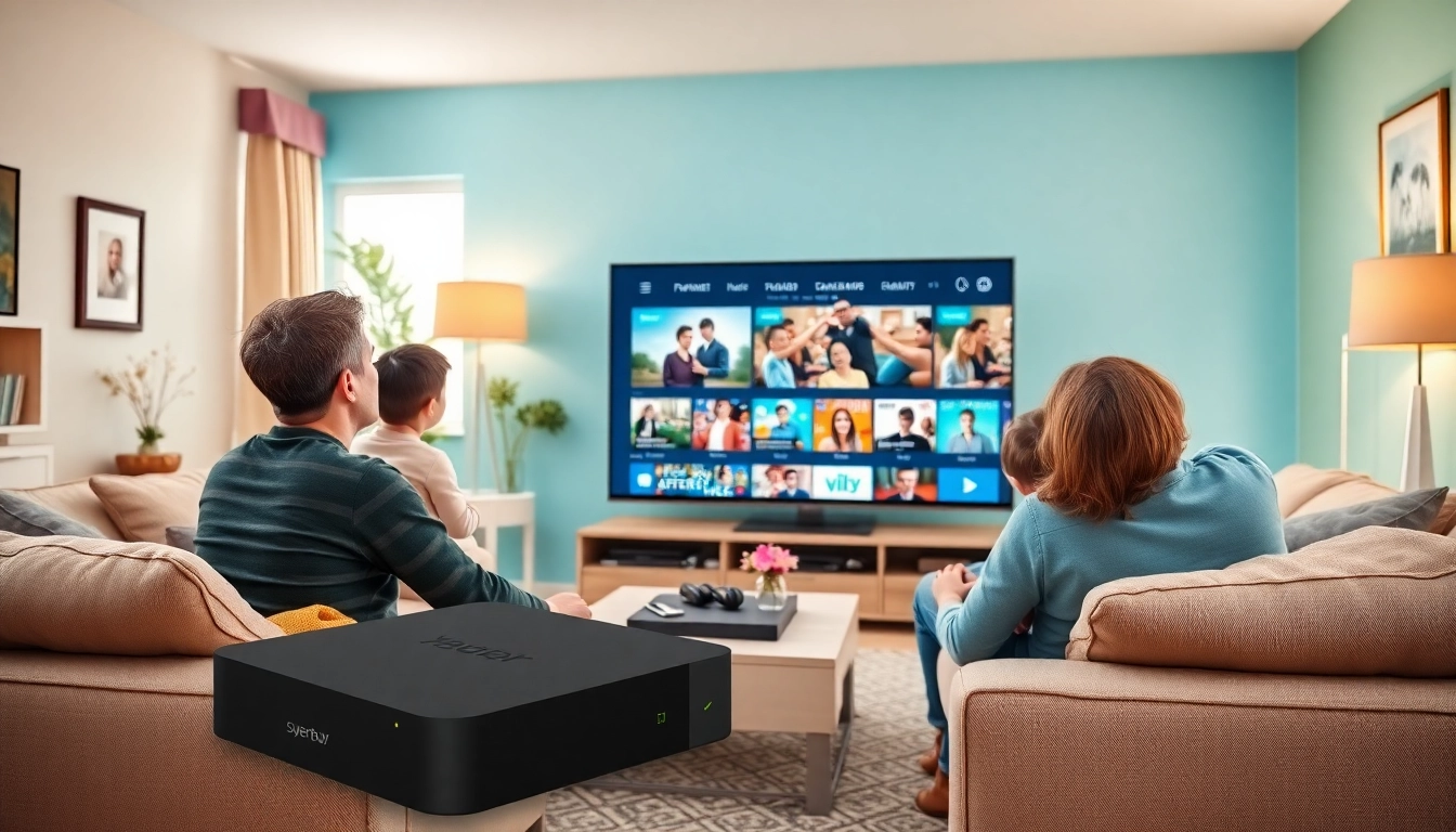 Engaged family enjoying their favorite shows with superbox tv in a cozy living room.