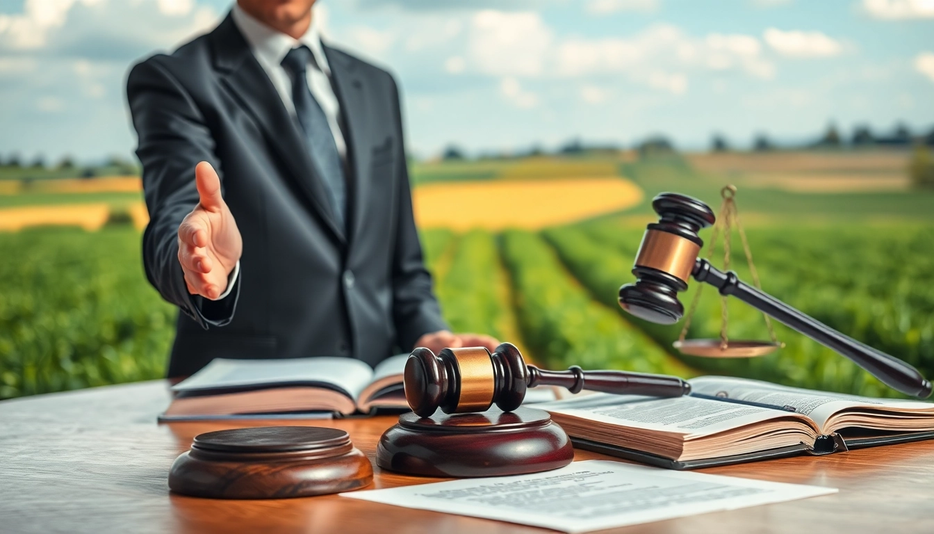Agriculture law attorney discussing legal matters in a courtroom with agricultural elements.