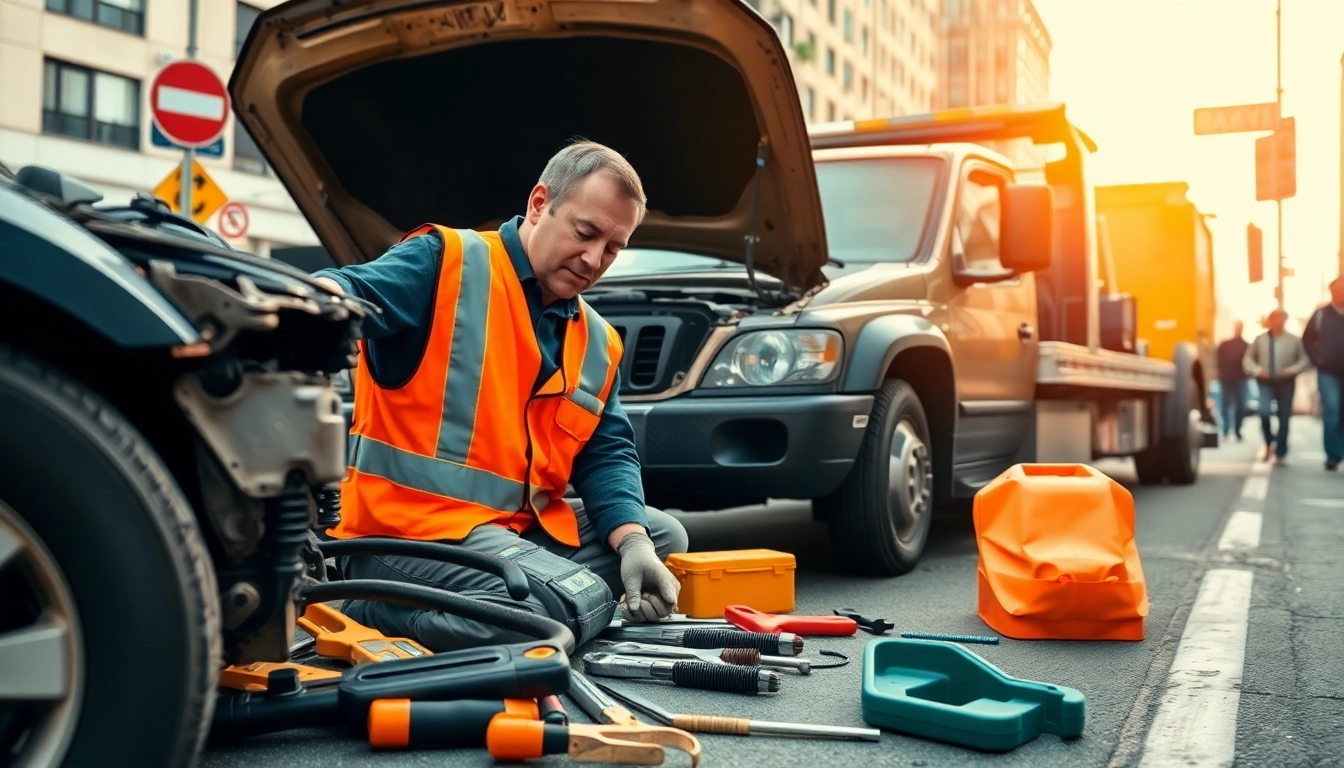 Usługa auto pomoc Mikolow z mechanikiem pracującym nad unieruchomionym pojazdem.