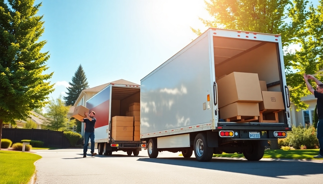 Professional movers calgary loading boxes into a truck in a sunny suburban setting.