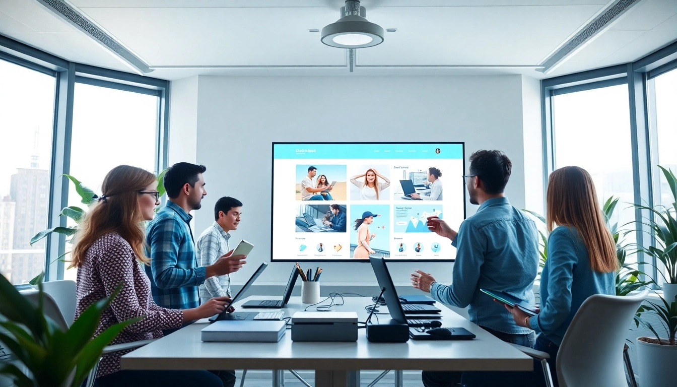Showcase of web design and seo services with professionals collaborating in a modern office environment.