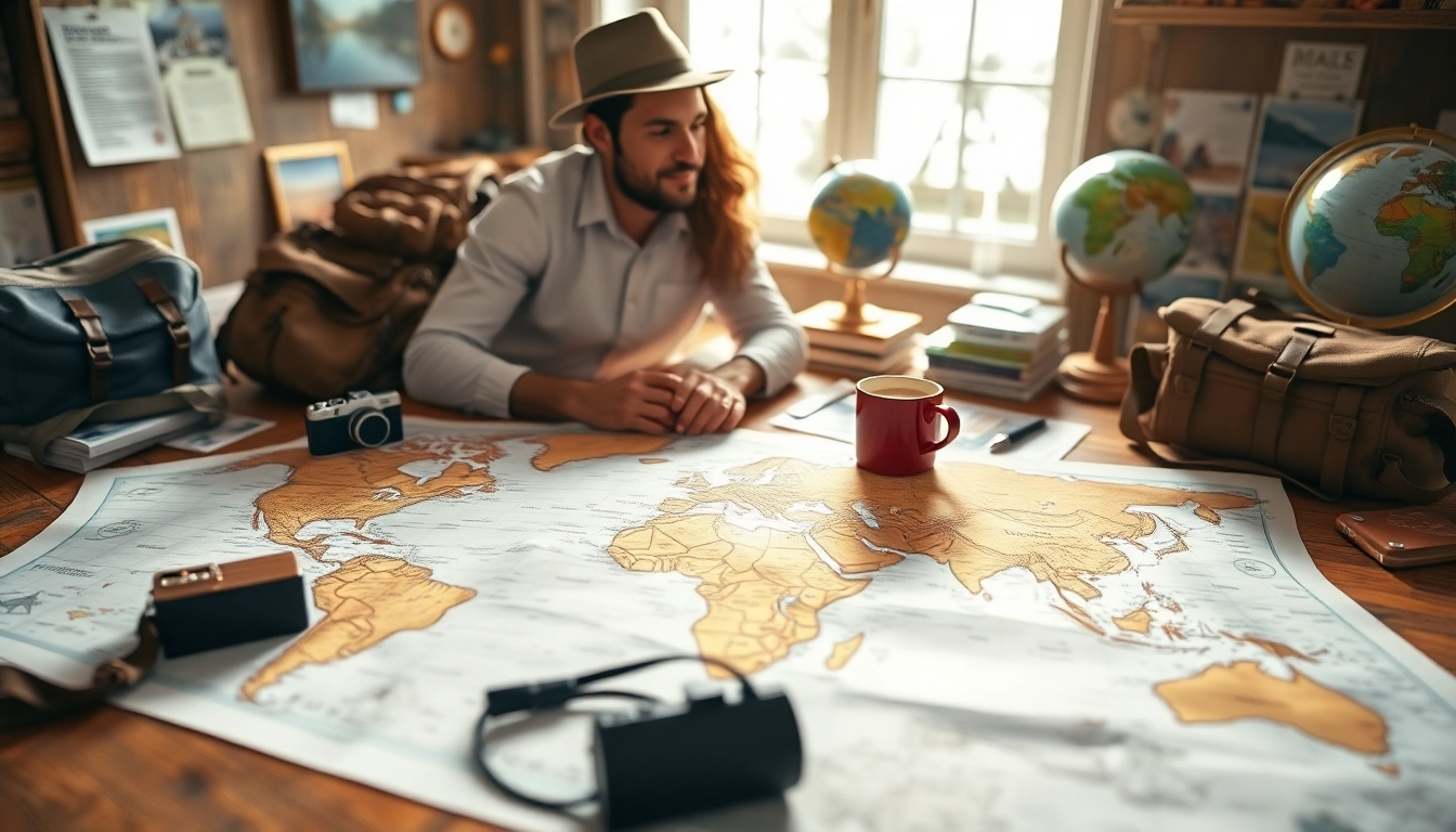 Couple planning to travel with maps and travel gear on a rustic table.