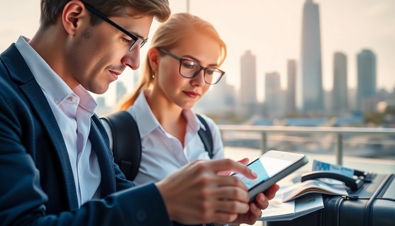 Reviewing flights options with a digital device against a vibrant city backdrop.