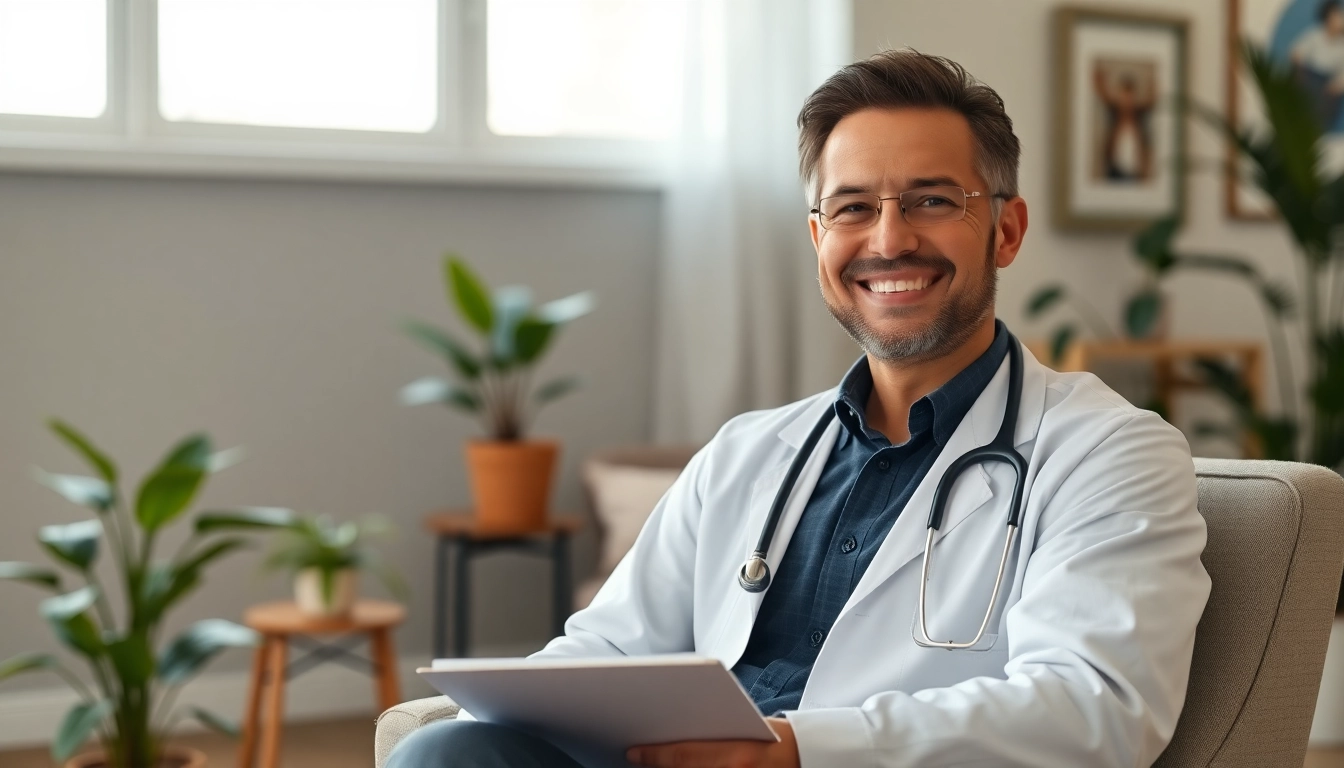Psychiatrist providing support in a calming therapy room with warm lighting.