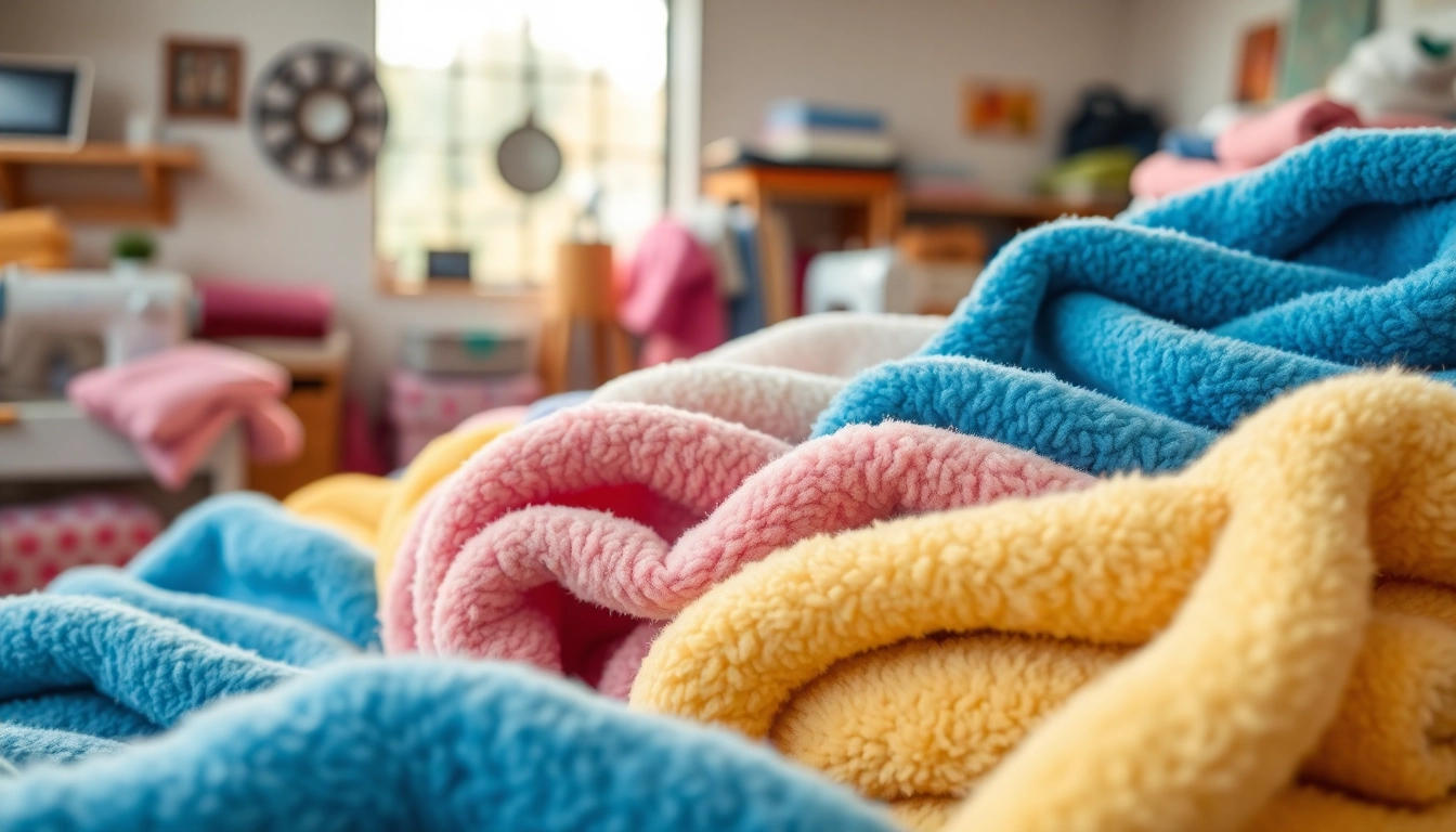 Vind fleece stof in een sfeervolle naaiwerkplaats met kleurrijke patronen.