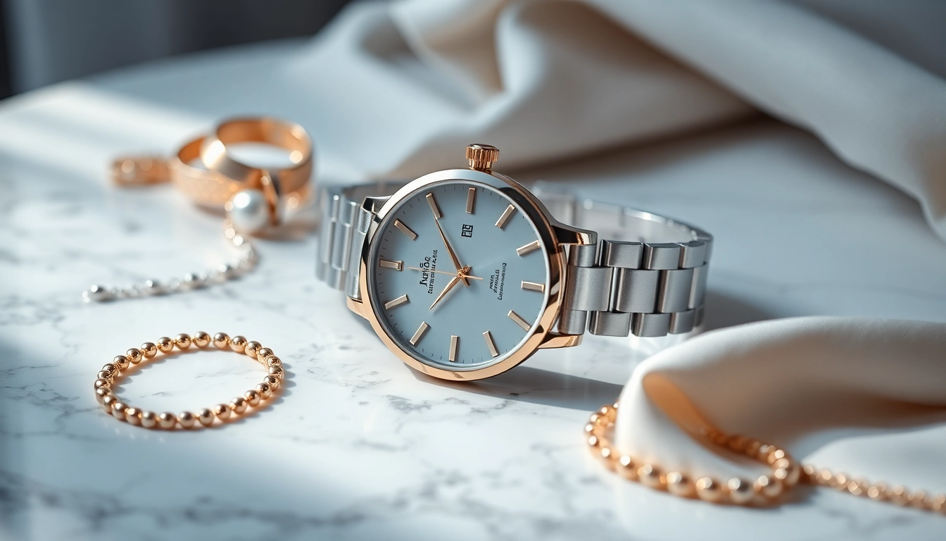 Elegante Damen Armbanduhren in luxuriösem Setting mit feinem Schmuck und sanftem Licht.