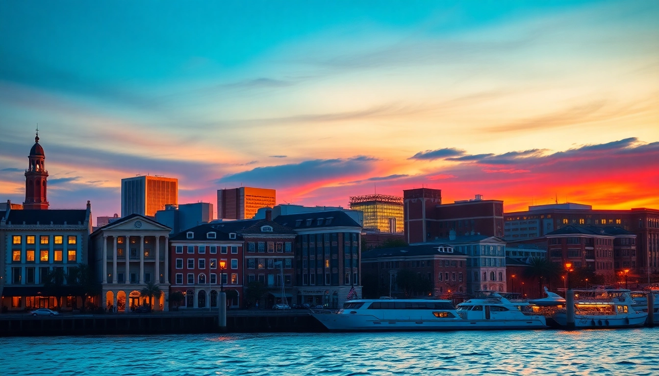 Scenic sunset view over Charleston SC. showcasing city skyline and waterfront.