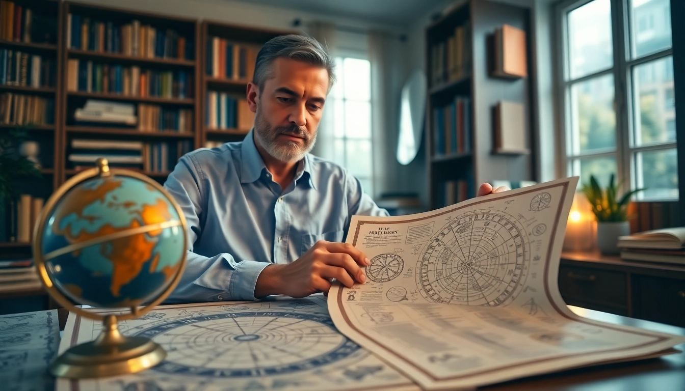 Horoskop-Tarotkarten und astrologische Werkzeuge in einem ruhigen Büro-Setting.