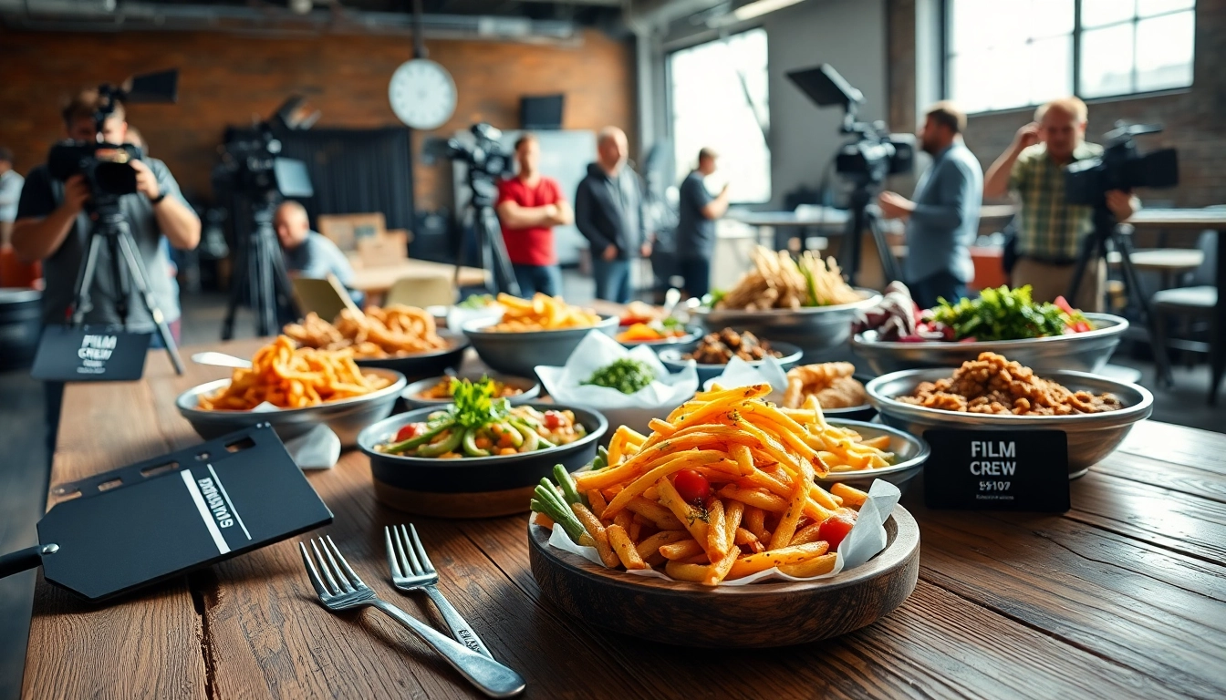 Hamilton Ontario film crew catering setup with diverse dishes amid a bustling film set.