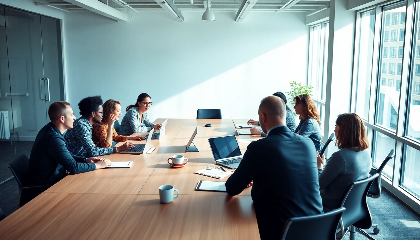 Team of professionals at a music PR company discussing strategy in a vibrant office.