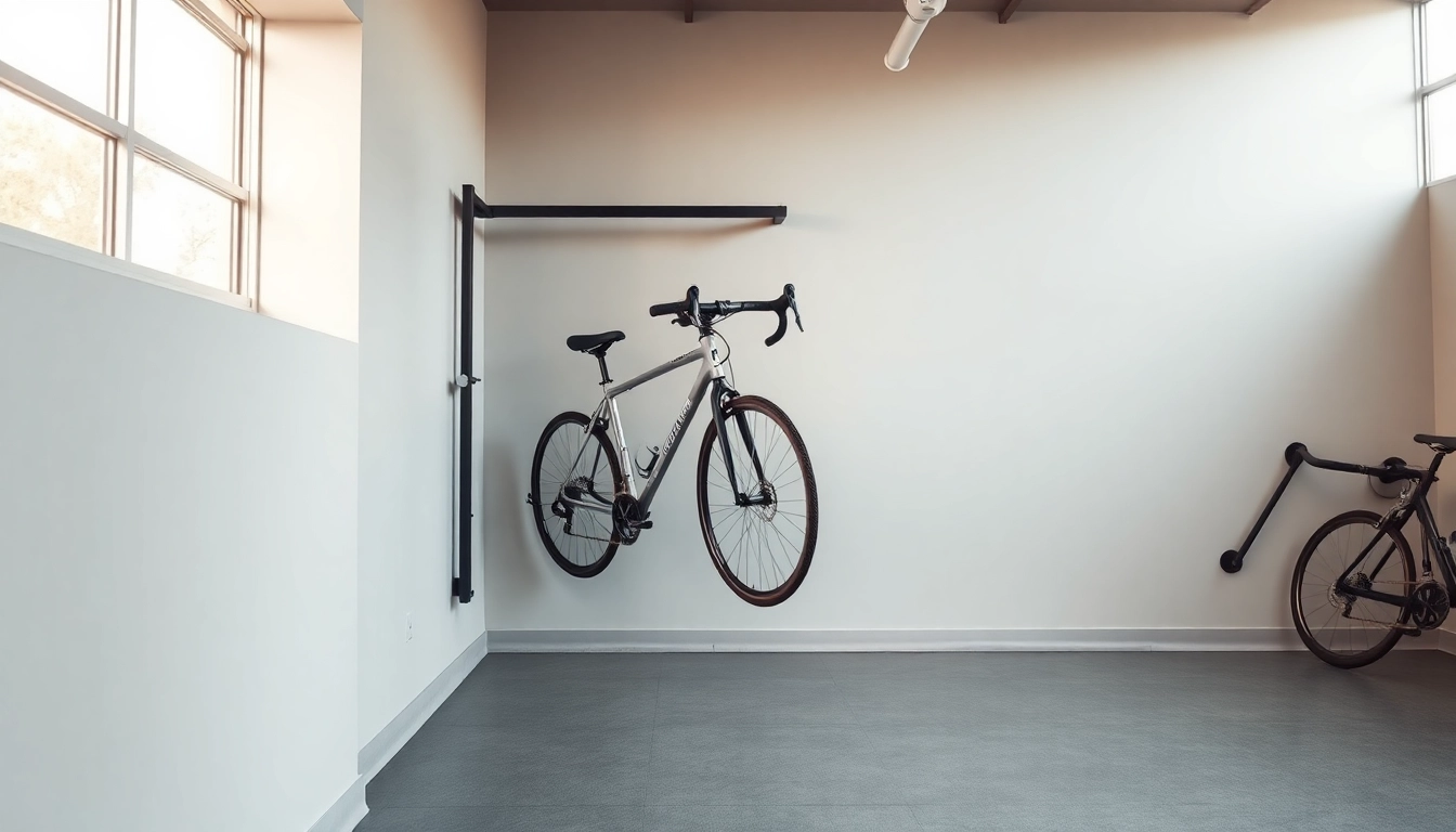 Showcasing a Bike wall rack in a modern garage with two bikes neatly hung.