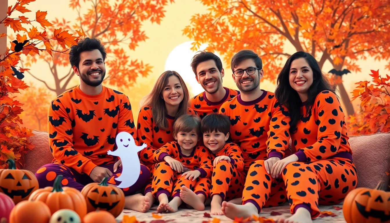 Family members enjoying Halloween pajamas in a vibrant autumn setting with decorations.